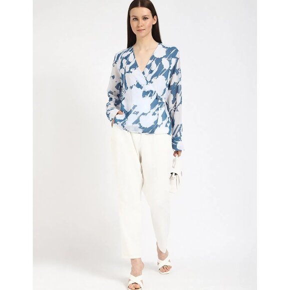 Calvin Klein Womens Floral Chiffon V-Neck Wrap Blouse/Shirt Blue Poseidon XL NWT - Picture 6 of 6